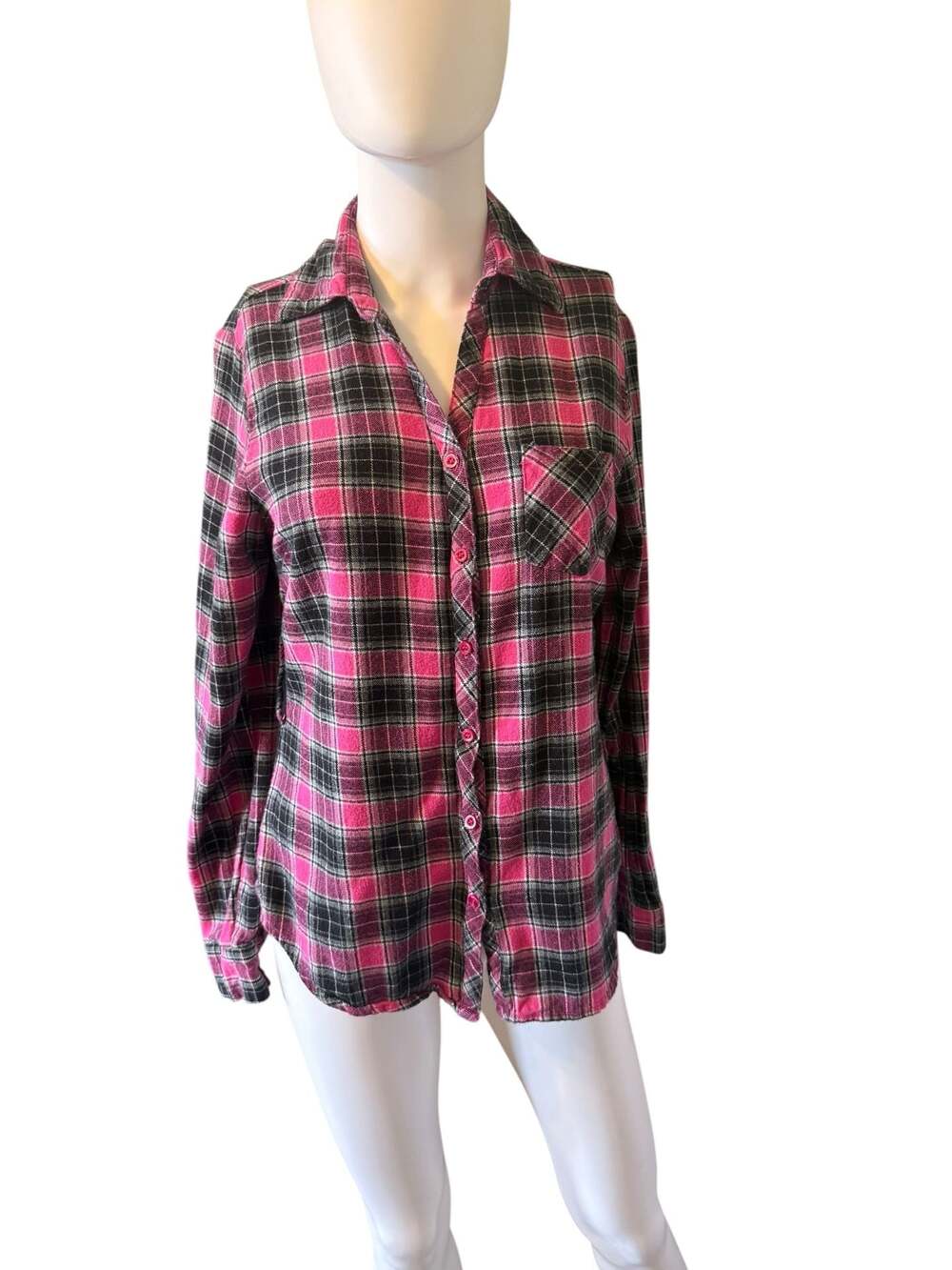 Bongo Pink and Black Plaid Long Sleeve Button-Down Flannel Shirt